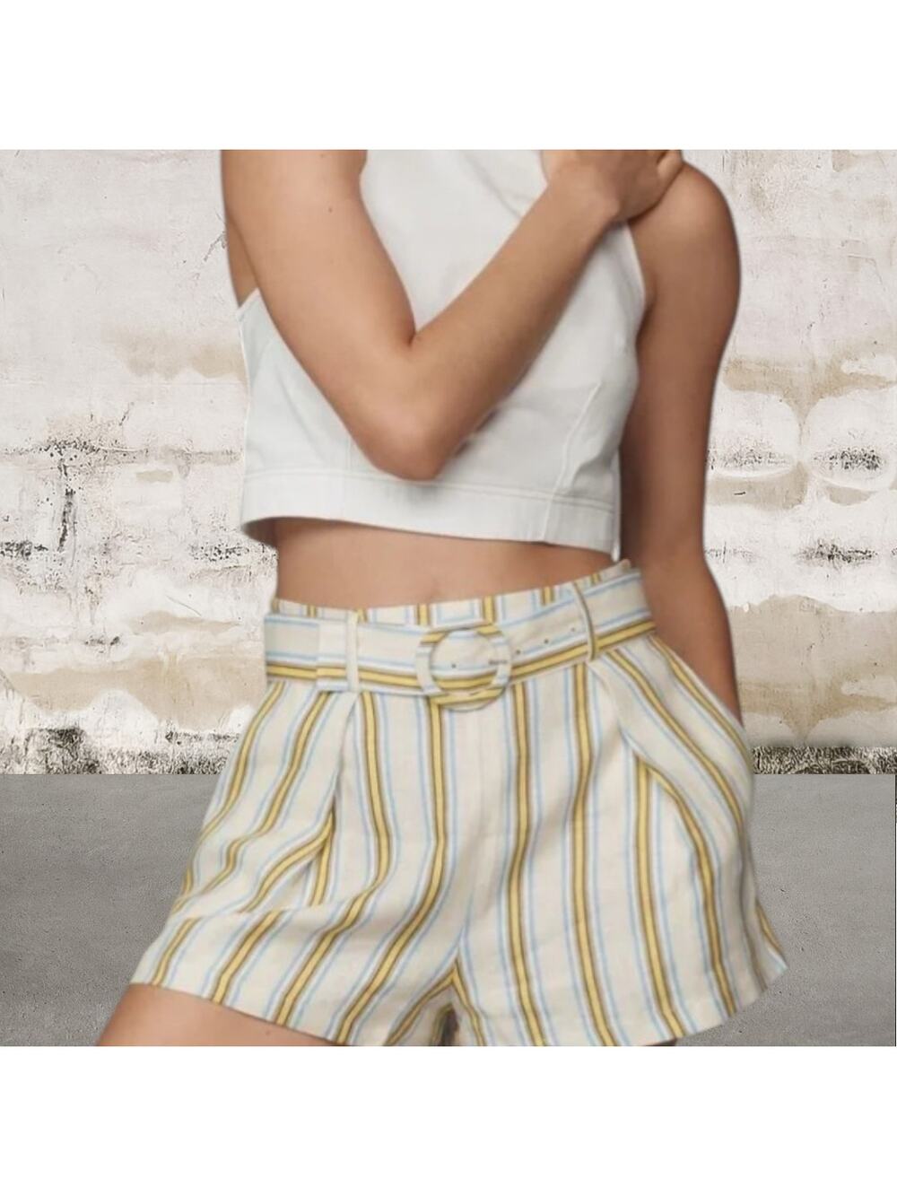 Anthropologie Maeve $108 MSRP Linen Striped Belted Shorts Size 12 NWT